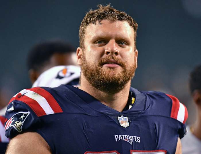 Aug 19, 2021; Philadelphia, Pennsylvania, USA; New England Patriots center Ted Karras (67) walks off the field against the Philadelphia Eagles at Lincoln Financial Field. Mandatory Credit: Eric Hartline-USA TODAY Sports